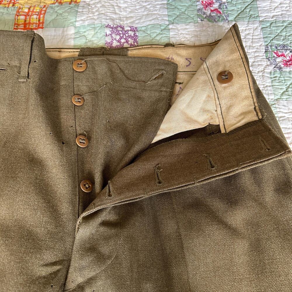 Vintage 40s THRASHED WWII Military Wool High Waist Button Fly Cropped Trousers